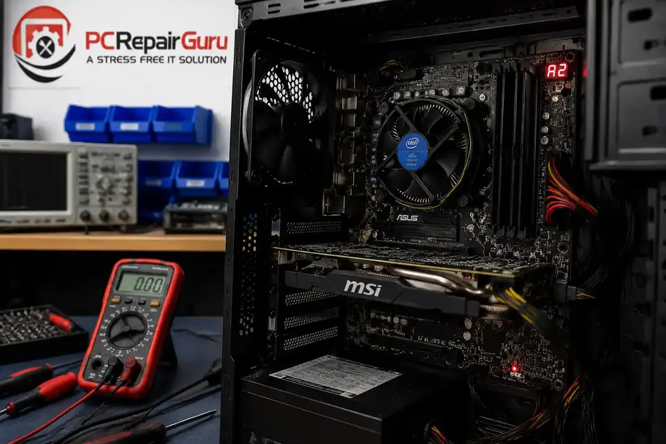 Desktop PC being diagnosed for startup beep codes at the PC Repair Guru workshop in Birmingham