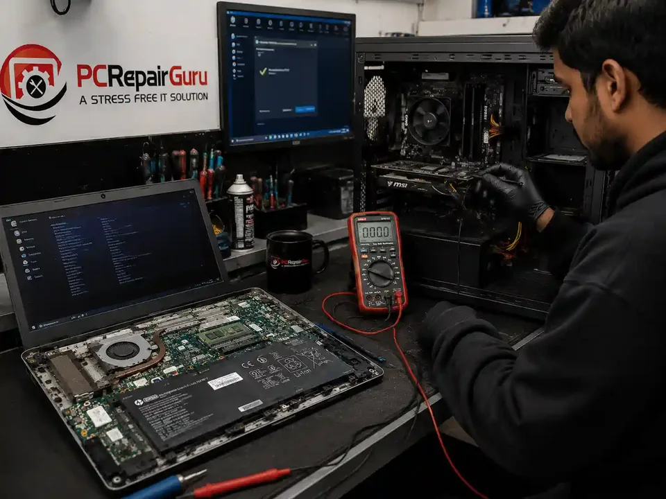 How Long Does Computer or Laptop Repair Take in Birmingham? Technician diagnosing a computer and laptop at the PC Repair Guru Birmingham workshop