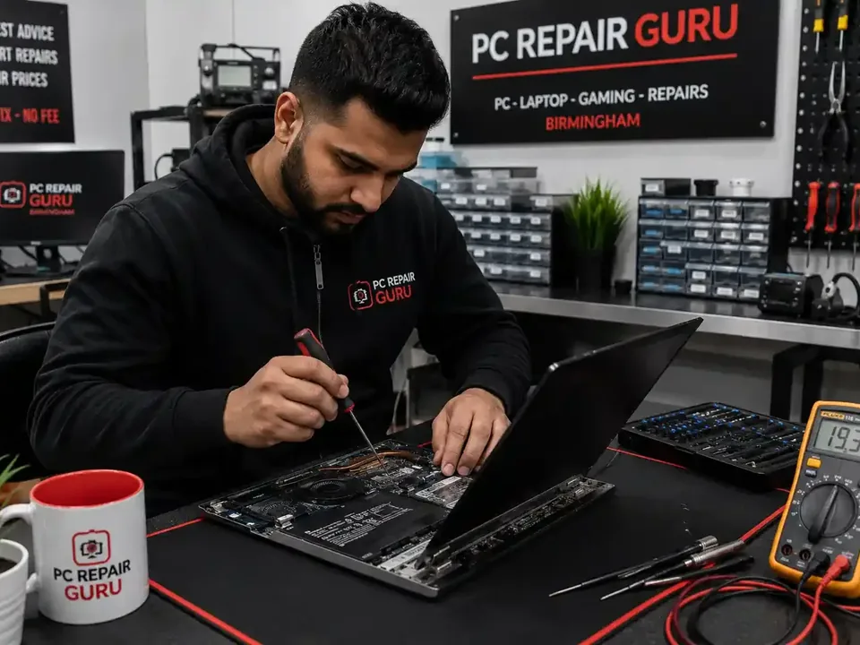 Technician carrying out computer maintenance checks at the PC Repair Guru workshop in Birmingham