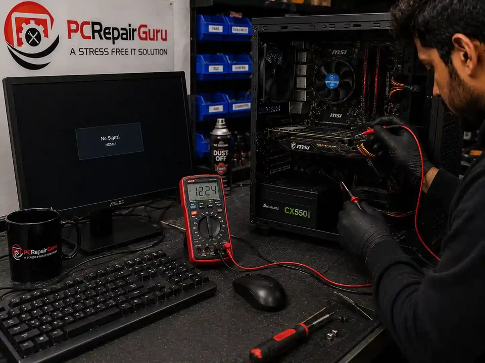 Computer with a black screen being diagnosed for sleep and wake problems at PC Repair Guru Birmingham