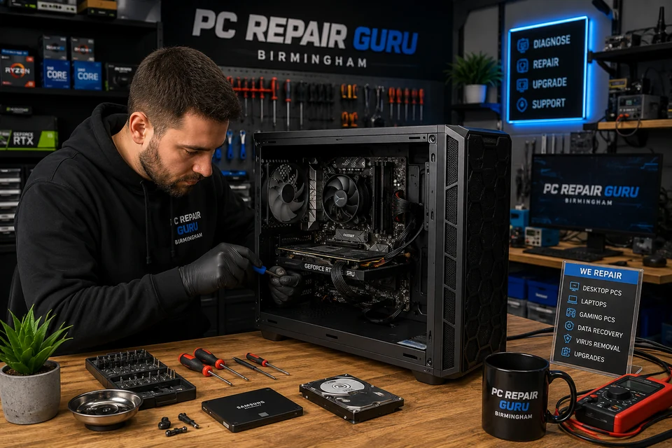 Technician repairing a desktop PC at the PC Repair Guru workshop in Birmingham