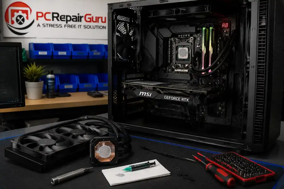Gaming PC CPU cooler and thermal paste being checked during overheating diagnosis at the PC Repair Guru Birmingham workshop Gaming PC CPU cooler and thermal paste being checked during overheating diagnosis at the PC Repair Guru Birmingham workshop