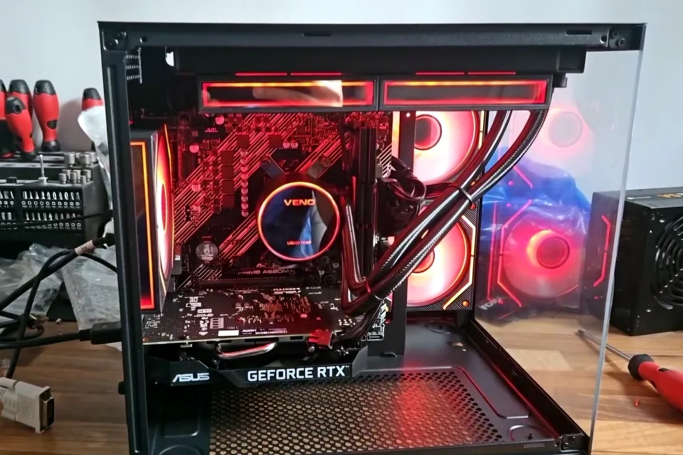 Gaming PC illuminated during stability testing in Birmingham