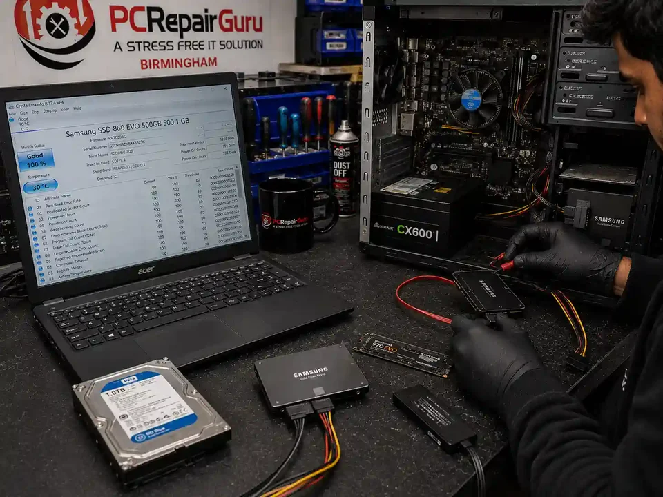 Hard drive and SSD being tested for failure and data loss at PC Repair Guru Birmingham