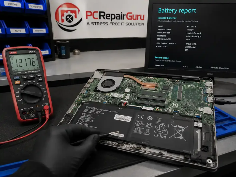 Laptop Battery Draining Fast: When Does the Battery Need Replacing? Laptop battery health and capacity being checked at the PC Repair Guru Birmingham workshop