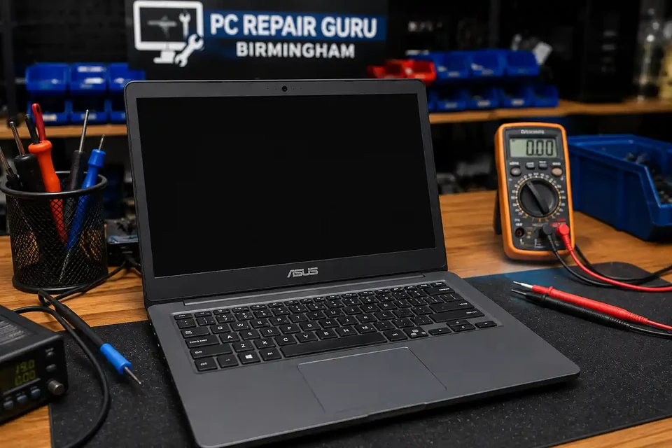 Laptop with a black screen being diagnosed at the PC Repair Guru workshop in Birmingham