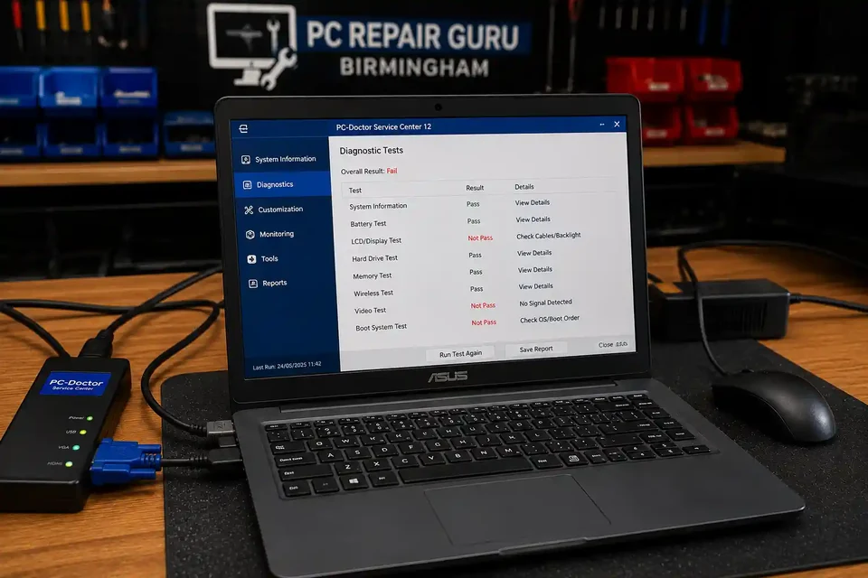 Laptop connected to professional diagnostic software during a black screen fault diagnosis in Birmingham