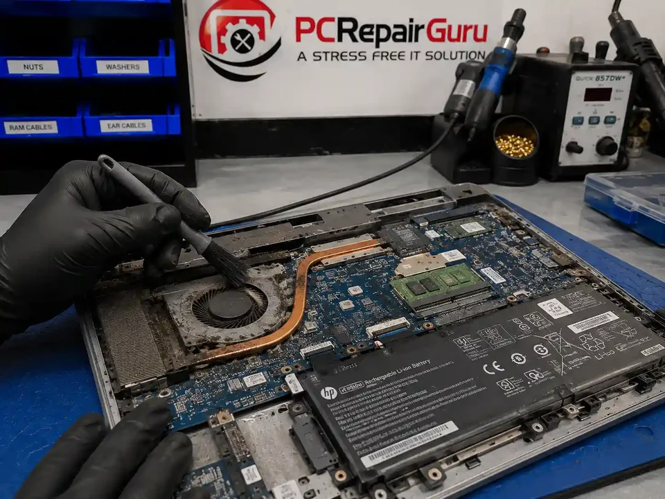 Laptop cooling fan and heatsink being inspected for noise and overheating at the PC Repair Guru Birmingham workshop
