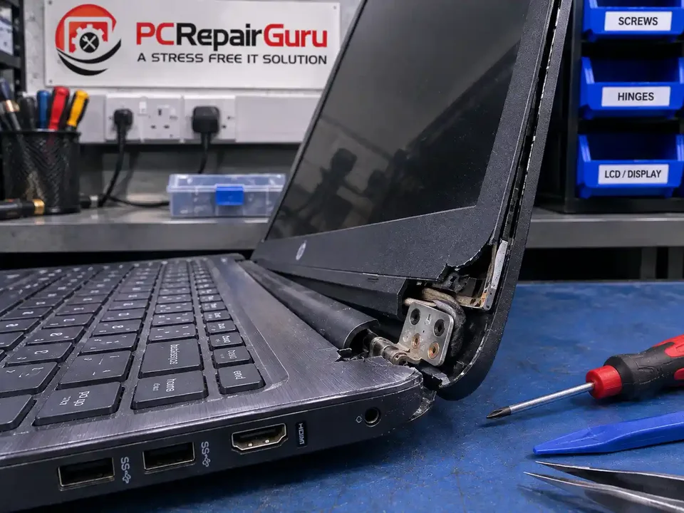 Broken laptop hinge and casing being inspected at the PC Repair Guru Birmingham workshop