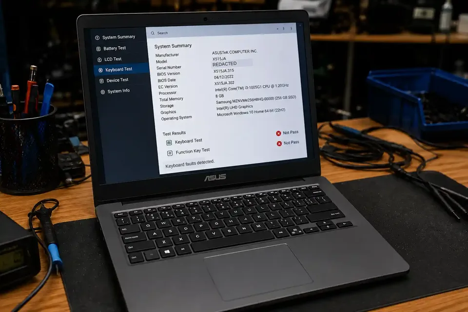 ASUS laptop showing failed keyboard and function key diagnostic tests at a Birmingham repair workshop