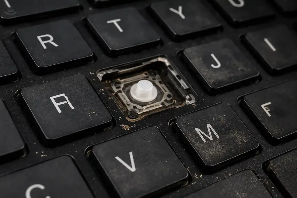 Close-up of a missing laptop key and exposed key mechanism before repair in Birmingham