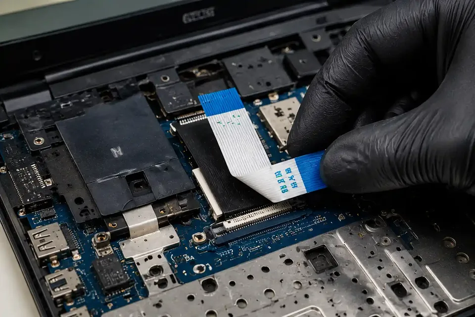 Laptop keyboard ribbon cable being inspected at a Birmingham repair workshop