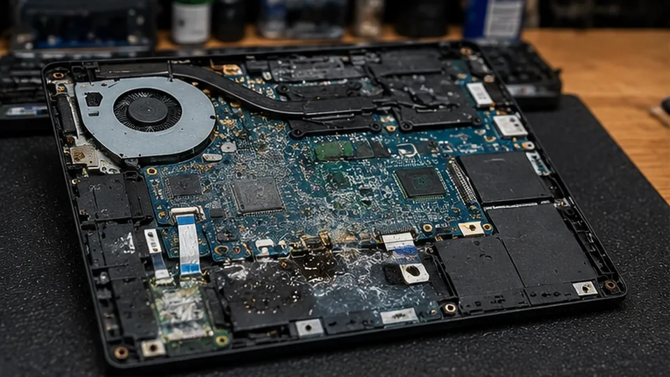 Laptop motherboard inspected for liquid damage and corrosion at a Birmingham repair workshop