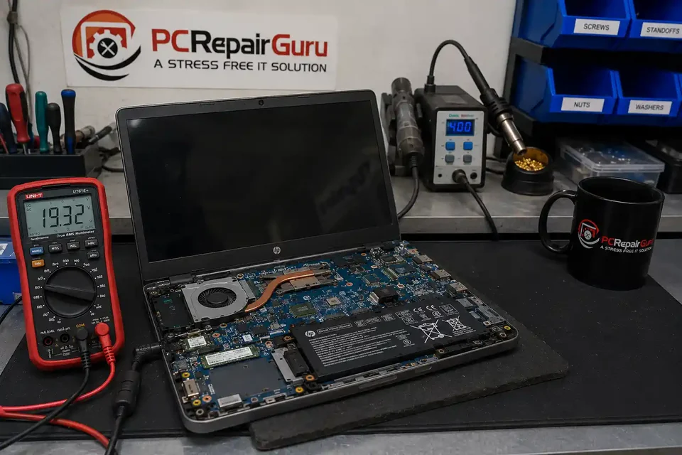 Laptop charging fault being diagnosed with a multimeter at the PC Repair Guru Birmingham workshop Laptop charging fault being diagnosed with a multimeter at the PC Repair Guru Birmingham workshop