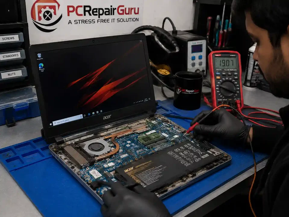Laptop Shuts Down Randomly: Battery, Overheating or Motherboard Fault? Laptop being diagnosed for random shutdown faults at the PC Repair Guru Birmingham workshop