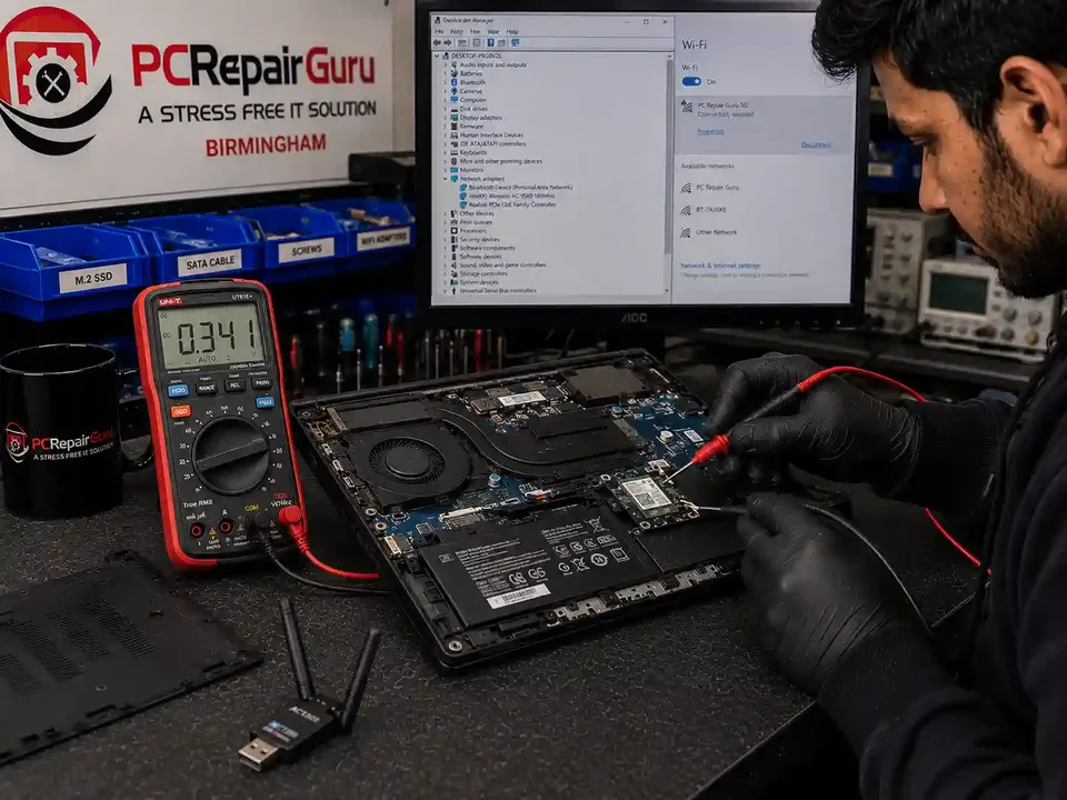 Laptop Wi-Fi card and antenna connections being diagnosed for connection problems at PC Repair Guru Birmingham Laptop Wi-Fi card and antenna connections being diagnosed for connection problems at PC Repair Guru Birmingham