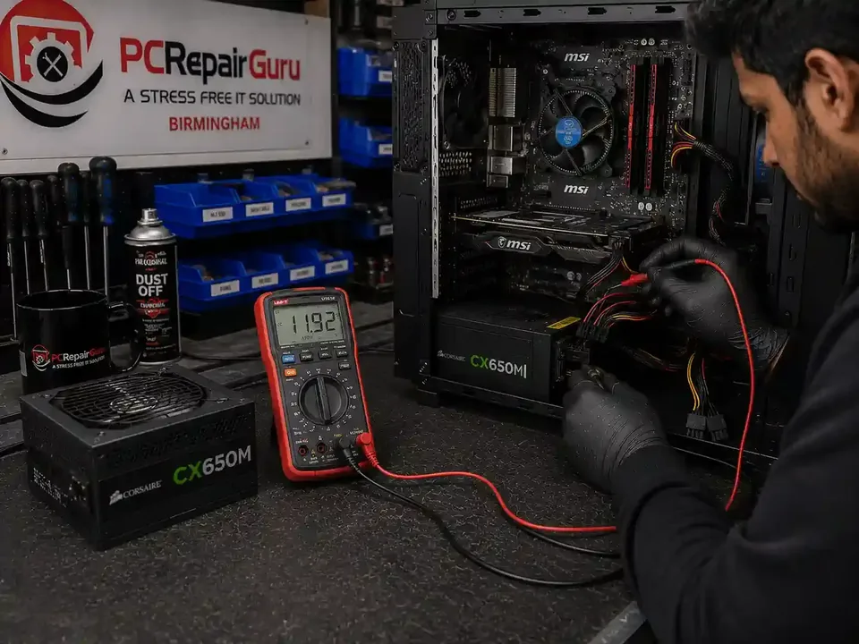 Desktop PC power and startup path being diagnosed for repeated power cycling at PC Repair Guru Birmingham