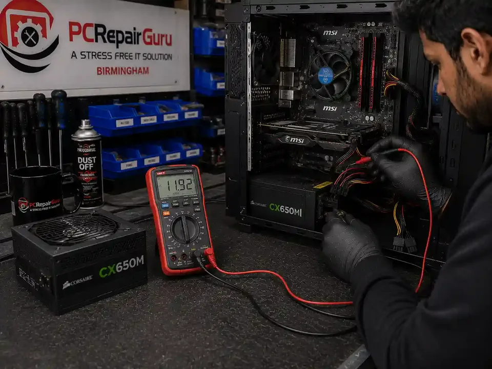 Desktop PC power supply being tested for voltage and power faults at PC Repair Guru Birmingham
