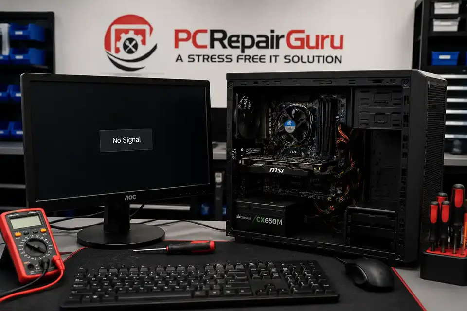 Desktop PC with power but no display being diagnosed at the PC Repair Guru workshop in Birmingham