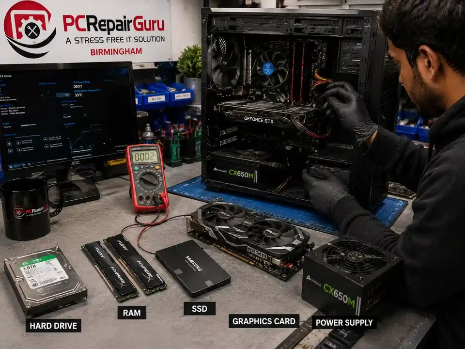 Upgrade Your PC or Buy a New One? What Is Actually Worth Changing? Desktop PC with SSD RAM and graphics card upgrades being assessed at PC Repair Guru Birmingham