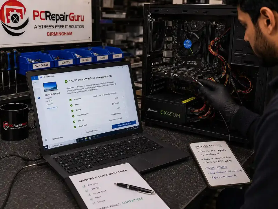Windows 10 computer being checked for Windows 11 compatibility at PC Repair Guru Birmingham
