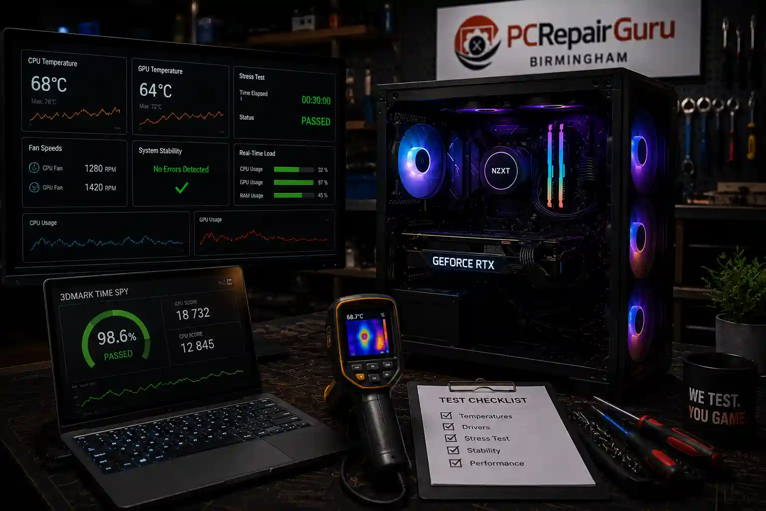 Custom gaming PC being tested for temperatures, drivers and system stability before customer handover