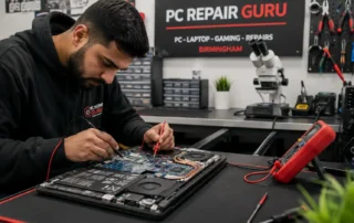 Technician diagnosing a laptop on a repair bench in Birmingham before providing a repair quote