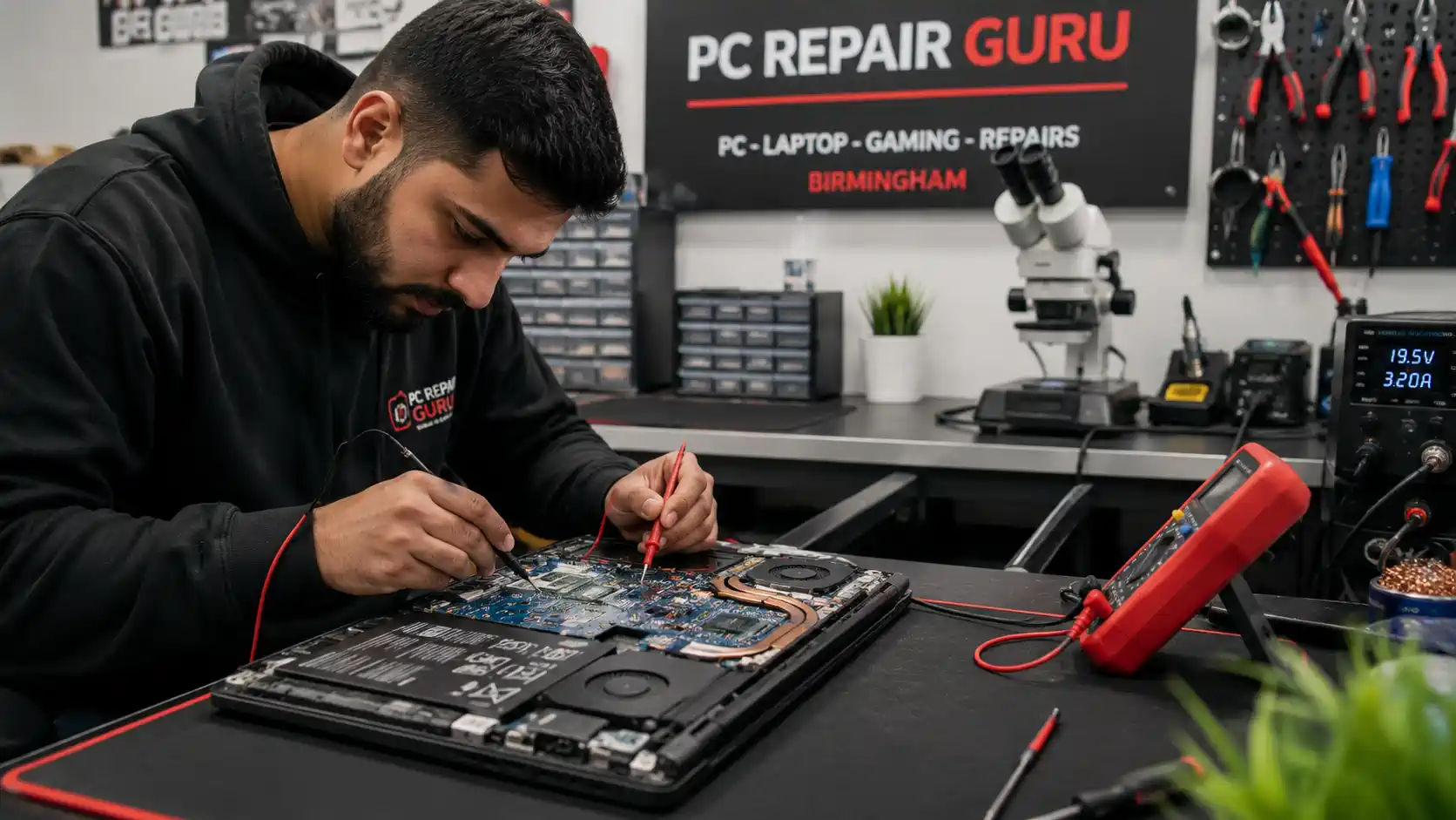 Technician diagnosing a laptop on a repair bench in Birmingham before providing a repair quote
