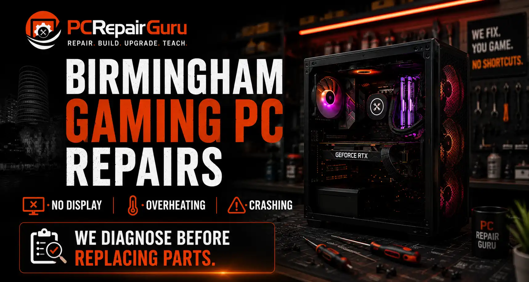 Gaming PC repair service in Birmingham showing an open gaming PC with graphics card, cooling fans and diagnostic tools