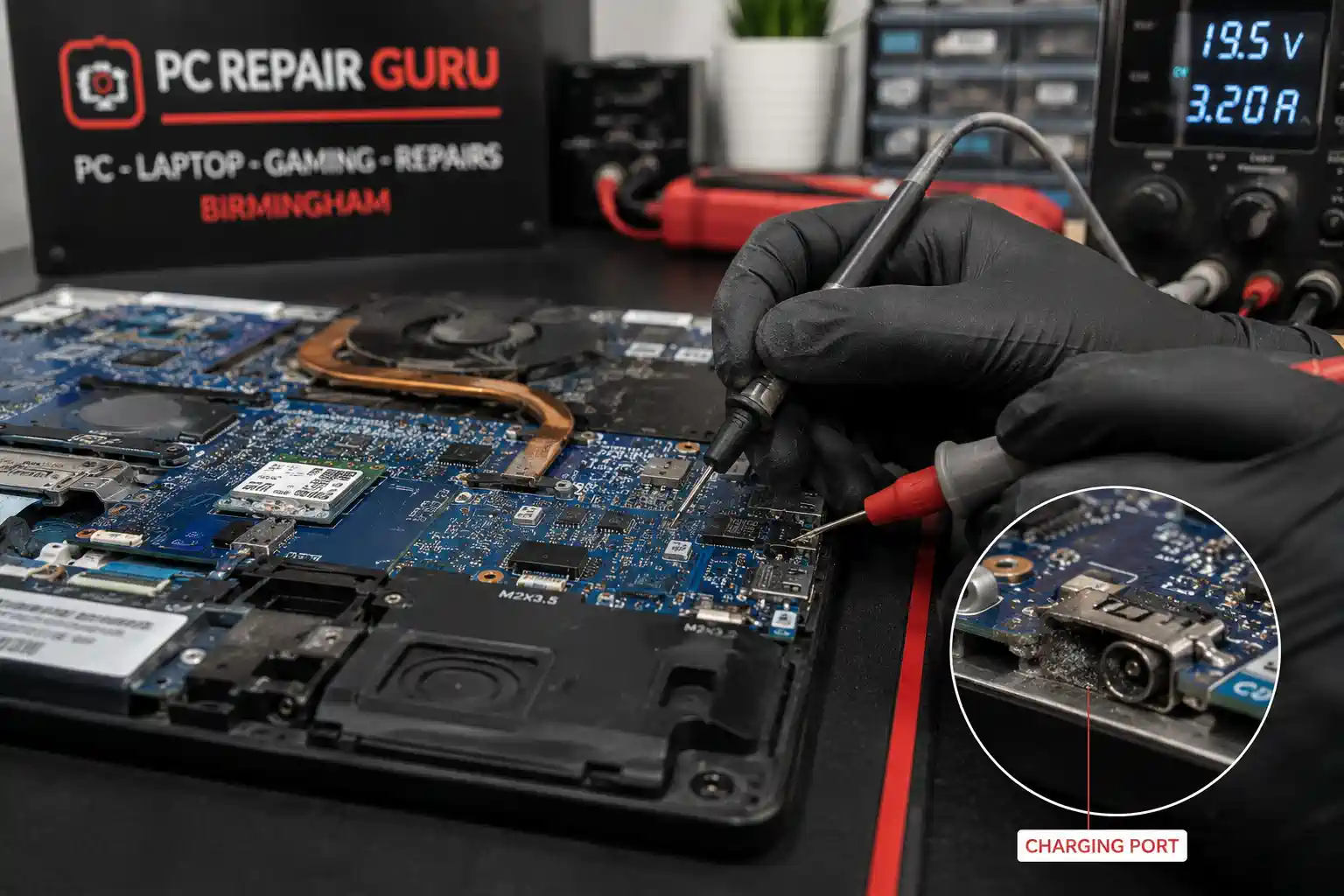 Illustration of a laptop motherboard and charging port being inspected during fault diagnosis