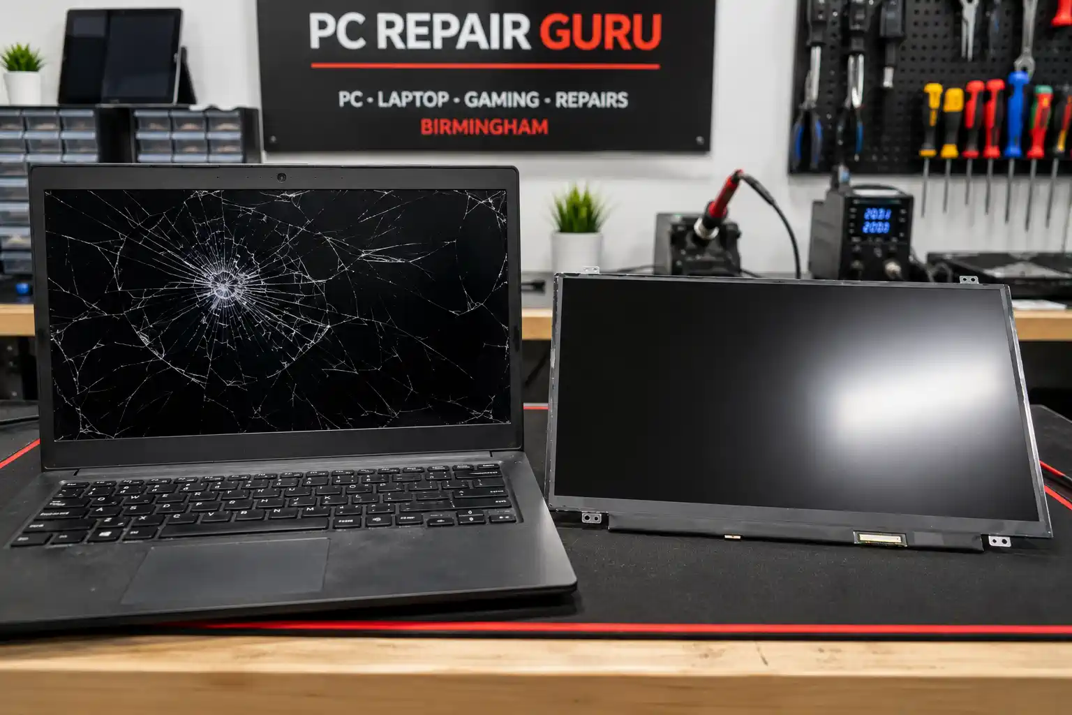 Illustration of a cracked laptop beside a replacement display panel during a screen repair