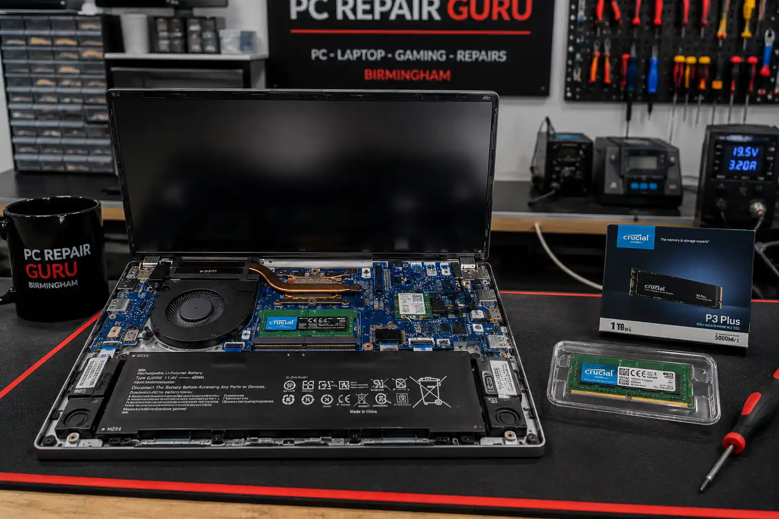Illustration of an open laptop prepared for an SSD and memory upgrade