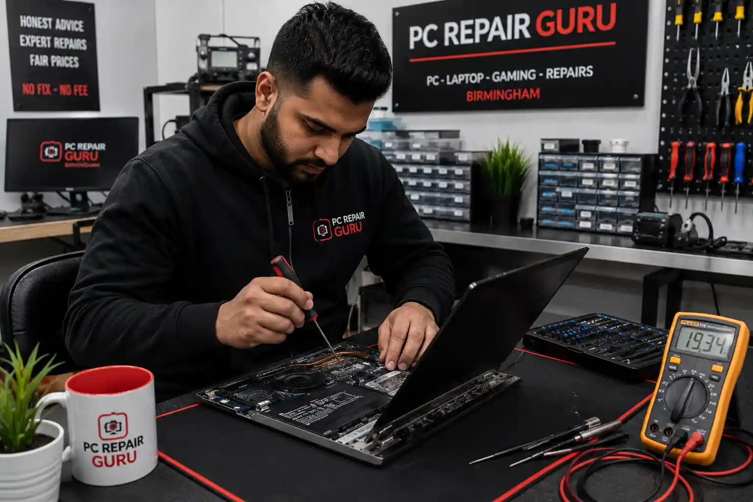 Illustration of a technician repairing an open laptop at a computer repair bench
